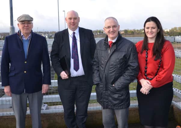 Transport Minister Danny Kennedy and Alan Keys, Network Development Manager (2nd left) Cllrs Claire Sugden and David Barbour survey the  view of the Bann from the new parapet on the Sandelford Bridge, Coleraine 
The Minister visited the A29 Ring Road and Newmills Road in Coleraine to discuss potential options to improve traffic progression. Roads Service Traffic Section has commissioned a study to seek to identify potential options that will improve traffic progression along the section of highway from the Lodge Road roundabout, along the A29 Ring Road to its junction with the Ballycastle Road roundabout.
The study will also seek to identify potential improvements at the junction of the A29 Ring Road and Newmills Road.

The minister also visited Sandelford Bridge, where £400,000 has been spent to date on replacing the parapet railings with new 1.4metre high parapets, which provide better containment. As a result of water penetration close to the expansion joints, the concrete deck and water proofing also had