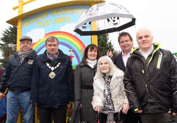 Pictured (l-r) at the unveiling of the new William Morrison Play Area are Richard Gregory, chairman of MCAG, Mayor Fraser Agnew, Linda Drysdale (granddaughter of William Morrison), Jean Montgomery (daughter of William Morrison), Councillor Mark Cosgrove and Barry Macaulay, MCAG.