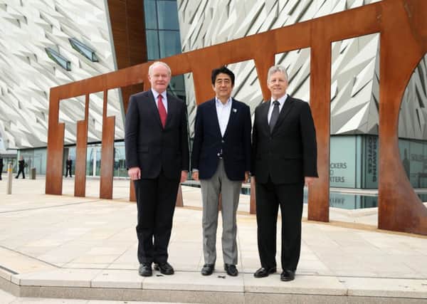 Shinzo Abe with Peter Robinson and Martin McGuinness.
