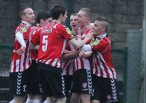 Derry City U19 players celebrate with Ronan Curtis after he grabbed a dramatic 90th minute winner against Fanad United. Picture courtesy of thejungleview