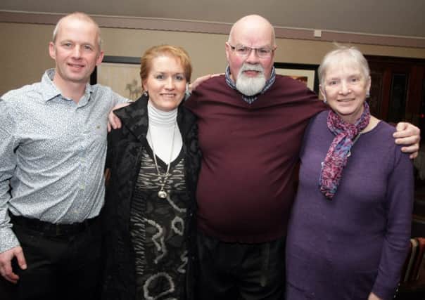 BEHIND EVERY MAN....The Caring Caretaker, Davy Boyle, pictured at his charities cheque presentation night on Monday night at the Lodge Hotel along with his wife Teresa, good friend Darren Pollock and Helen McNeill, wife of Davy's other close friend Denis.CR6-113SC.