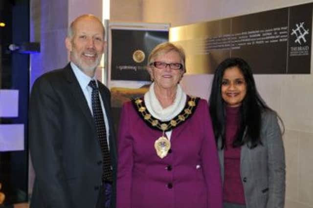Justice Minister David Ford attends Ballymena Inter-Ethnic Forum on Addressing Hate Crime through the Arts, (L-R) Mayor of Ballymena Councillor Audrey Wales MBE, Ivy Ridge, Project Director of Ballymena Inter-Ethnic Forum
