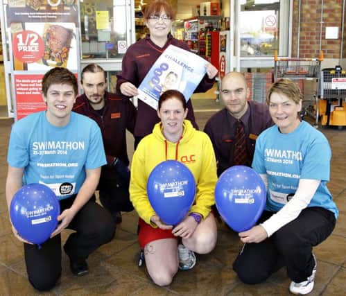 MAKING A SPLASH. Coleraine Leisure Centre staff, Alastair Chambers, Shirley Jackson and Natashia Maguire, pictured promoting a Swimathon for Sports Relief  which is sponsored by Sainsbury's with their staff Aidan McAuley, Audrey Marshall and Cameron Orr included.CR7-100SC.