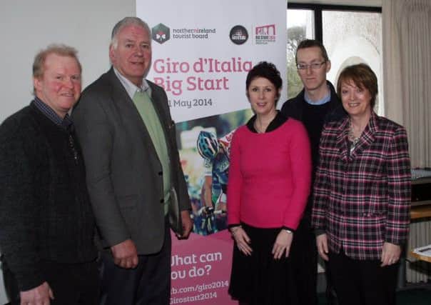 Ballymoney Borough Council representatives at the Giro d'Italia roadshow in Ballycastle Golf Club last Wednesday are, from left - Tom McKeown, Bill Kennedy, Philip McGuigan and Liz Johnston. They are pictured with Susie McCullough from the Northern Ireland Tourist Board.INBM07-14 143F