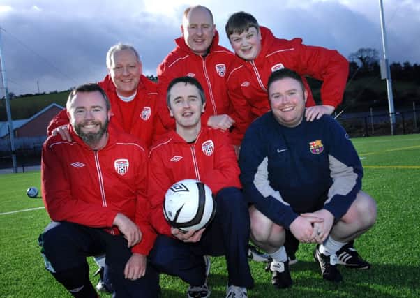 Pictured left to right back row Adrian Eames (RTE Sport), Eric Whyte (Radio Foyle) and  Kevin McLaughlin (Londonderry Sentinel). Front row Mark McCadden (Irish Star), Gary Ferry (Derry News) and Andrew Quinn (Sunday Journal).