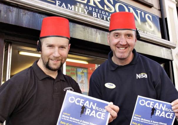 SANDS OF TIME. Promoting their 160 mile Sahara Ocean Floor Race are Eamon Etherson of Etherson's Butchers and Morino McGeown of Nisa both Portrush, who are raising money for St Patricks PS and Portrush Playgroup.CR7-115SC.