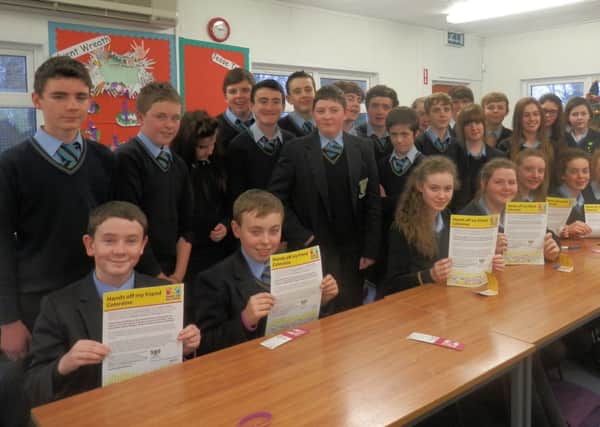 Pupils from St Pauls College, Kilrea, who successfully completed a six week training course on Hands off my Friend, delivered by the Ballymoney Community Resource Centre.