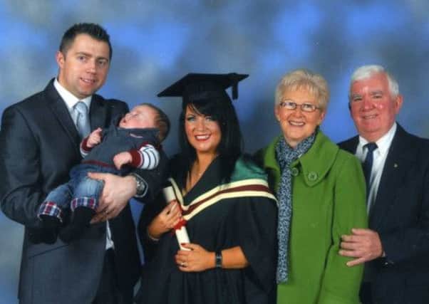 Gillian Kelly who has graduated as a Master of Business MBA, with Distinction, from the University of Ulster, pictured with husband Gary, son Jack, mum Anne and dad Liam. INLT 06-801-CON
