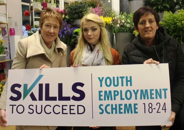 Youth Employment Scheme participant Rachel Morrow pictured at Broadway Blooms with Joan Connolly, employer contact manager for the Department of Employment and Learning, and Jackie Alexander of Broadway Blooms.  INLT 08-675-CON