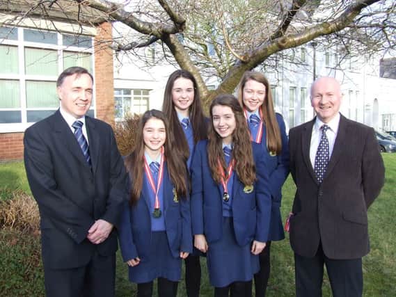 Students from Loreto College who took top awards at the District Cross Country event: Niamh Carr, who took third place in the Minor Girls race, Aoife Carr, who took fourth place in the Intermediate Girls race, Ellie McBroom, winner of the Year 8 Girls race, and Abigail McBroom, winner of the Year 10 Girls race.