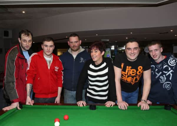 The Diamond Duffers picked up two points against BUSC in their most recent Ballymena Towers Pool League match. From left: Stephen Andrews, Matthew Peacock, Jason Ogilby, Kylie Lennox, Liam O'Kane, Darren McFetridge. INBT 07-177CS