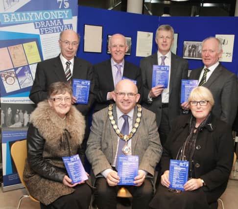 FESTIVAL SPONSORS. Pictured are sponsors of Ballymoney Drama Festival, who are currently celebrating their 75th Anniversary. They are, Mayor Cllr John Finlay, Chief Executive John Dempsey and Cllr Evelyne Robinson (Ballymoney Borough Council), Rory McCarroll (McCarroll Plant Hire), Pat Hasson, (Hasson Engineering), Neil Robinson, (R.Robinson & Son Architect) and Sue Pinkerton (Pinkerton Solicitors).INBM8-14 001SC.