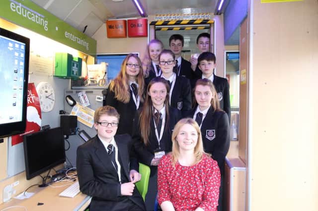 Included in the photo taken inside the BBC Media Bus are teacher in charge, Mrs Judy Smyth and School Report team: Charlie McCready, Ashley Johnstone, Chloe Jamison, Amy Gilmer, Zachary Wilson, Rebecca Kyle, Kiera Launder, Aaron Munce and Sam Hutchinson