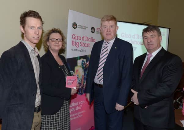 Stephen Gallagher of Shade Tree Sports, Carolyn Boyd, Duncan McCausland and Eddie Rowan of the NITB at the launch of Giro D'Italia in the Larne Town Hall. INLT 08-321-PR