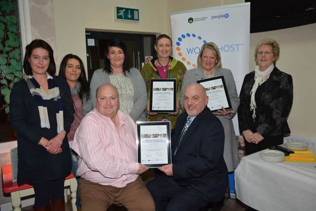 Ian Brown, from Café Couture, Barbara Evans, Proprietor Mount Slemish Boarding Kennels Cattery and Dog Grooming and Heather Barr, Pinegrove Lodge Bed and Breakfast who received Worldhist certificates from Sammy Gamble of the Department for Employment and Learning at Café Couture last week. Included is Jean Haworth, Worldhost Trainer and Café Couture staff members Poppy Bradshaw, Tanya Rainey and  Natasha Campbell. INBT 08-101JC