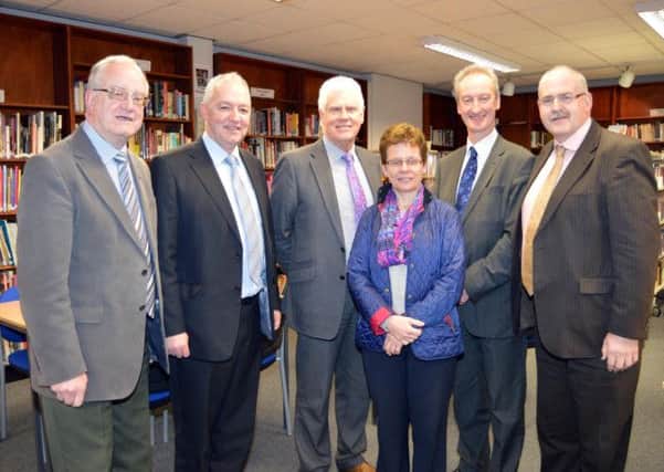 Meeting after the SELB decision on the Dickson Plan are, Mr Trevor Robinson, second left, principal of Lurgan College and Mr Simon Harpur, second right,  principal of Portadown College with school governors, from left, Kenneth Twyble, vice chair Portadown, Stanley Abraham, chair Lurgan, Ruth Craig, vice chair Lurgan and Peter Aiken, chair Portadown. INLM08-101gc