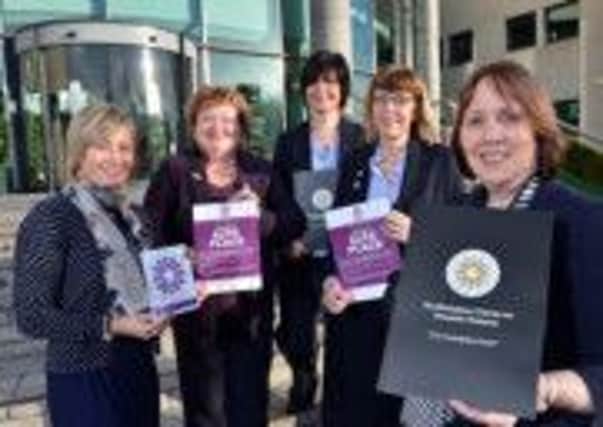 Pictured with Lisburn City Council's Gold Workplace Charter Award in recognition of its support for employees and the 'Safe Place' Scheme are: (l-r) Colette Stewart, Onus; Barbara Porter, The Public Health Agency; Hazel King, Lisburn City Council; Brona Turley, Lisburn City Council and Councillor Jenny Palmer, Chairman of the Council's Environmental Services Committee.
