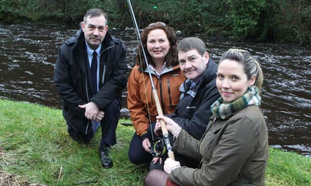 Glenda Powell from Blackwater Lodge Fishing in Cork with John McCartney Loughs Agency Seamus Connor Chief fisheries officer and Emma Meredith PSNI at the launch of Operation Salar PSNI, DCAL and Loughs Agency embarking on an initiative to combat fish poaching launched at the Salmon Station in Bushmills on Tuesday. PICTURE KEVIN MCAULEY PHOTOGRAPHY MULTIMEDIA