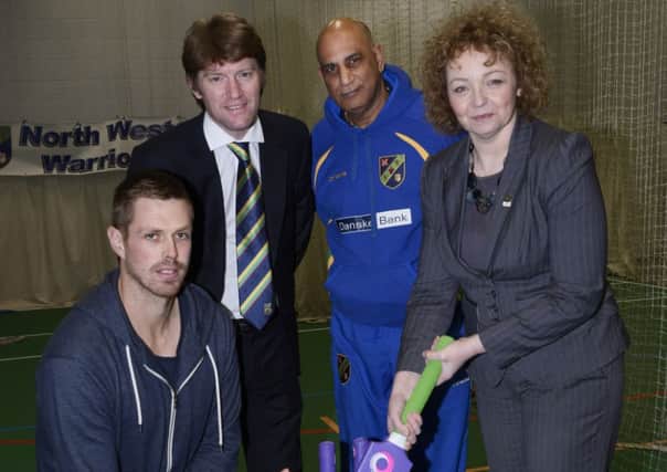 Sports Minister Cara'l Ni Chuilin MLA, enjoyed a few tips from England international Boyd Rankin, left, when she performed the official opening of the North West Warriors Cricket Academy at Bready Cricket Club. Included are Andrew Fleming, President of the North West Cricket Union, and Bobby Rao, coach. INLS0714-170KM