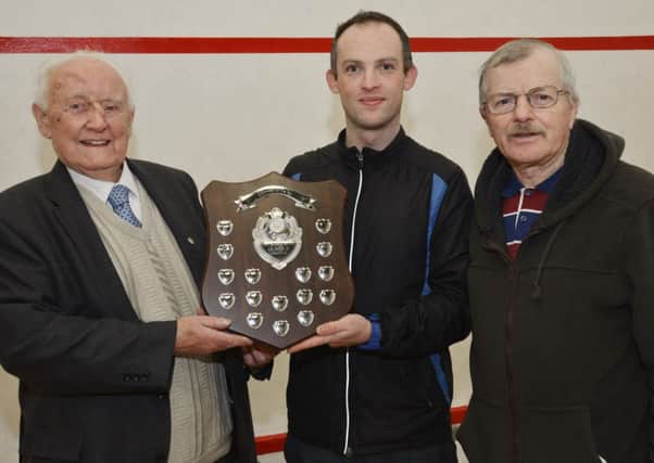 Hugh Gallagher, left, President of the Milford Athletic Club, presenting the Clubman of the Year Award to Sean Deery, centre, at the annual presentation ceremony held in the Templemore Sports Complex by Olympian Youth & Athletic Club. Included is Paddy O'Donnell. INLS0714-168KM