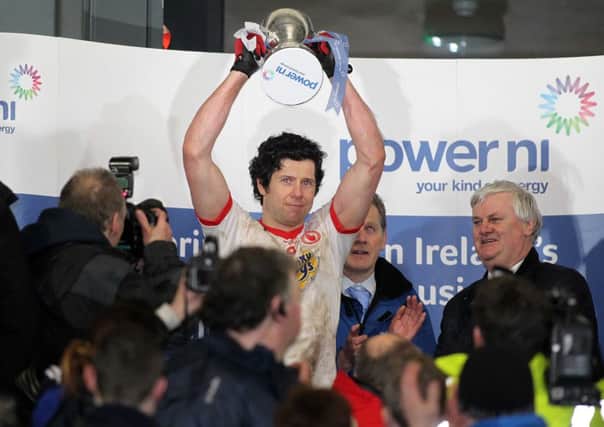 POWER NI Dr McKenna Cup Final - Tyrone Vs Cavan at Armagh Athletic Grounds. Tyrone's Sean Cavanagh lifts the trophy after they win.  Photo-Jonathan Porter/Pressey
