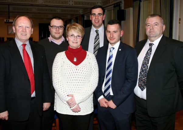 TUV leader Jim Allister with Ballymena election candidates (from left) Matthew Armstrong, Donna Anderson, Stuart McDonald, Timothy Gaston and Brian Collins. INBT09-215AC