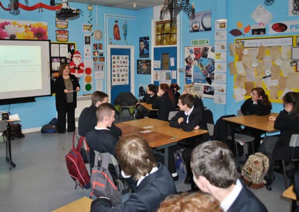 Year 12 pupils participating in a StressBEAT class at Monkstown Community School.