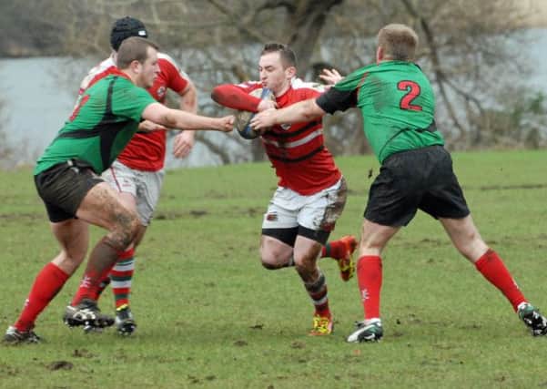 Gordon West Cup quarter-final action between Larne RFC and PSNI at the Glynn. Photo: Phillip Byrne