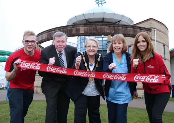Pictured at the launch of the 2014 Lisburn Half Marathon, 10K Road Race and Fun Run are: (l-r) Jonathan Scott, local runner; Alderman Paul Porter, Chairman of the Councils Leisure Services Committee; the Mayor of Lisburn, Councillor Margaret Tolerton; Miss Hilda Francey, Diabetes Specialist Nurse, The Lagan Valley Diabetes Fund and Miss Nicci Gregg, Community Investment Manager for Coca-Cola HBC Northern Ireland the event sponsor.
