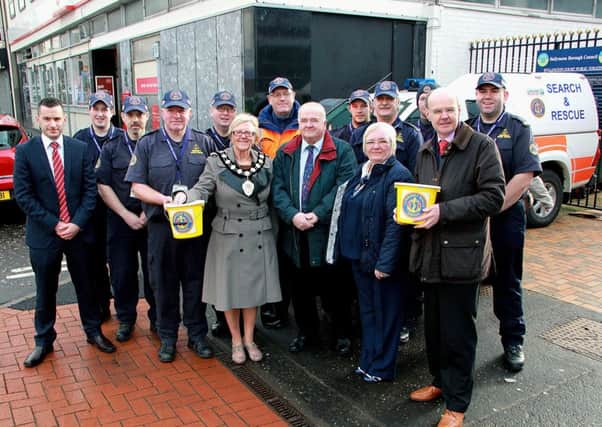 Ballymena councillors join Ballymena Mayor Audrey Wales on Saturday morning as they offered their support to the annual Search & Rescue street collection in town. INBT 08-803H