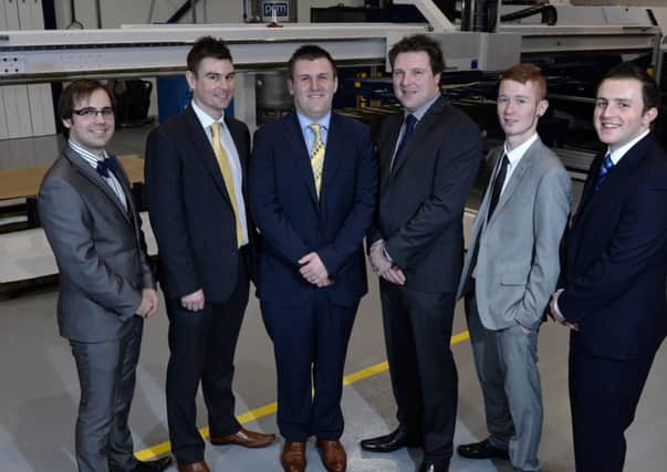 Ballymena student Jordan Hunter (second from right) pictured at the launch of Hutchinson Aerotech with the Hutchinson AeroTech team. (L-R) Ben Wilson, Hutchinson AeroTech; Dermot Hughes, Hutchinson AeroTech; Mark Hutchinson, Managing Director, Hutchinson AeroTech; Michael Sherratt, Production Manager, Hutchinson AeroTech; Jordan Hunter; Richard Hutchinson, Operations Director, SJC Hutchinson Engineering. Ballymena student Jordan Hunter has topped off an incredible learning experience at Hutchinson AeroTech with an offer of employment from the firm. Jordan; who is now one of the UKs youngest trained laser cutting operators; will work for the firm  a specialist division of SJC Hutchinson Engineering formed to service the fabrication needs of the multibillion dollar; global aerospace industry  part time while he completes his engineering studies at Northern Regional College.