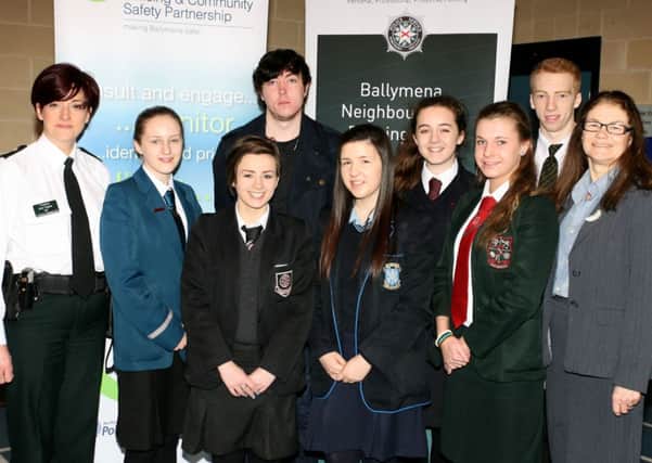 Students from Slemish College, Ballymena Academy, Cambridge House, Cullybackey College, St. Louis Grammar, St. Patrick's College and the Northern Regional College pictured along with Karen Moore (Policing and Community Safety Partnership and Inspector Alison Ferguson at the recent PSNI drugs awareness event. INBT10-202AC