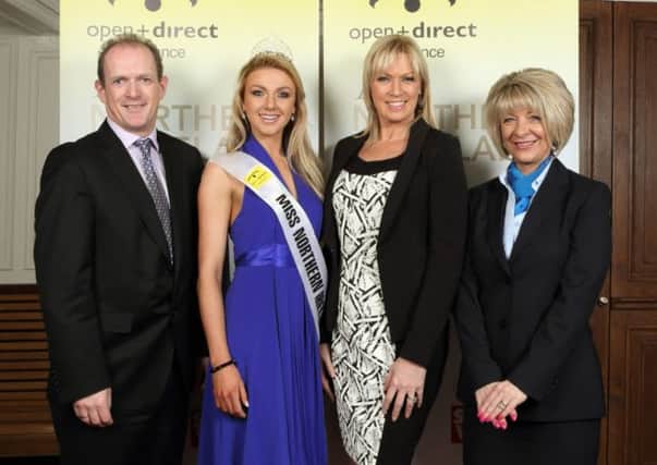 Pictured at the launch of the 2014 Open + Direct Miss Northern Ireland contest on board the Nomadic Belfast are (left to right): Colin McEvoy, Head of Open + Direct, current title holder Meagan Green, event organiser Alison Clarke and June Hamill, Branch Manager for Open + Directs Ballymena branch.