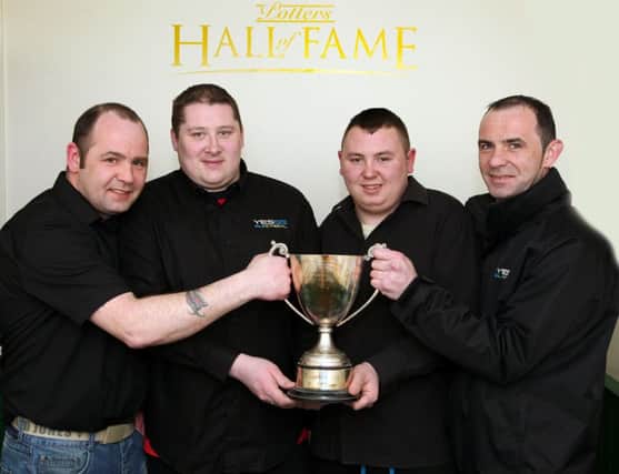 Adrian Boreland, Lee Hull, Curtis Boreland, and Geoffrey Boreland, Potters team representatives, winners of the Ballymena Snooker League Division 2. INCR10-147PL