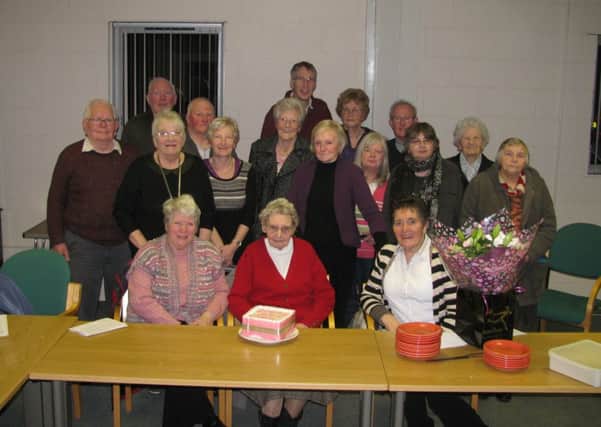 Caption for pic: Members of the Ballymena Club for the Hard of Hearing celebrated the birthday of Miss Jean Johnston MBE at their latest meeting. Members took the opportunity to thank Jean for her many years of dedicated work for the Club, which she started over 20 years ago in 1993.