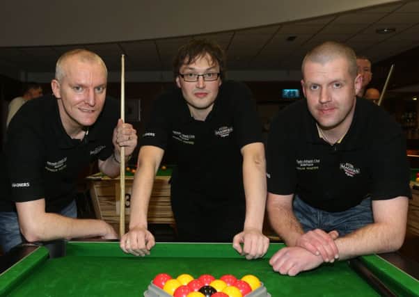 Michelin Masters Drew Sloan, David Armstrong and Richard McMaster who competed in the Towers Pool League 3-A-Sides in the Michelin Athletic Social Club. INBT 10-173CS