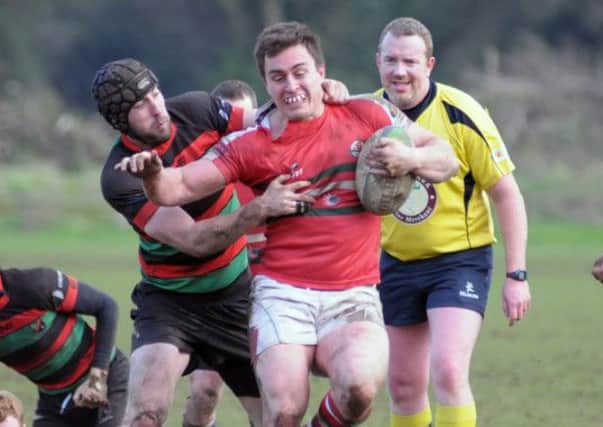 Larne RFC on the charge against Holywood at Glynn.