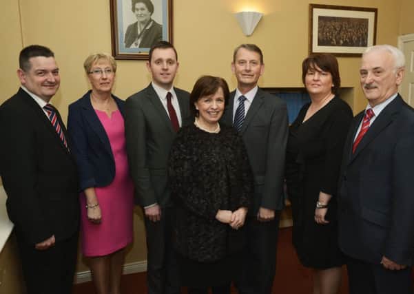 Diane Dodds MEP, pictured with DUP candidates, from left, David Ramsey, Hilary McClintock, Councillor Gary Middleton, Alderman Maurice Devenney, Niree McMorris and Alderman Drew Thompson. INLS0914-120KM