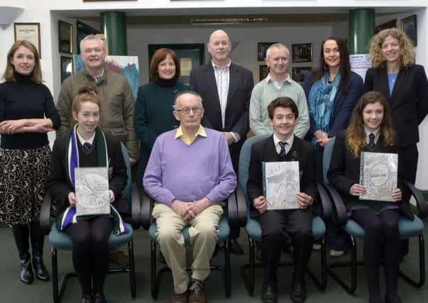 Playwight Stewart Love presented  prizes to New-Bridge Integrated College students Connor Downey (1st), Beth McDaniel and Katie McArdle (runners up), prizewinners in Banbridge Musical Society's Art Competition, included is Head of Art Eimear McKeown, Ian Davison, Rosemary Kelly and Leonard Anderson (Banbridge Musical Society), Art Technician Joe Mullan, Art Teacher Laura Guiney and College Administrator Nikki Enrique  © Edward Byrne Photography INBL09-203EB