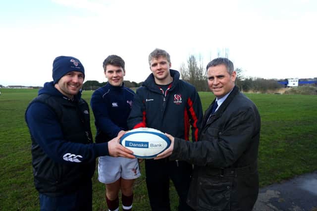 Ulster Rugby star Chris Cochrane (2nd from right) is pictured with (left-right) Stephen Douglas, Head Coach, Conor Shields, captain and Tony Stevenson, Danske Bank, during a visit to Coleraine AI ahead of their Danske Bank Schools' Cup semi final against Sullivan Upper on Thursday.