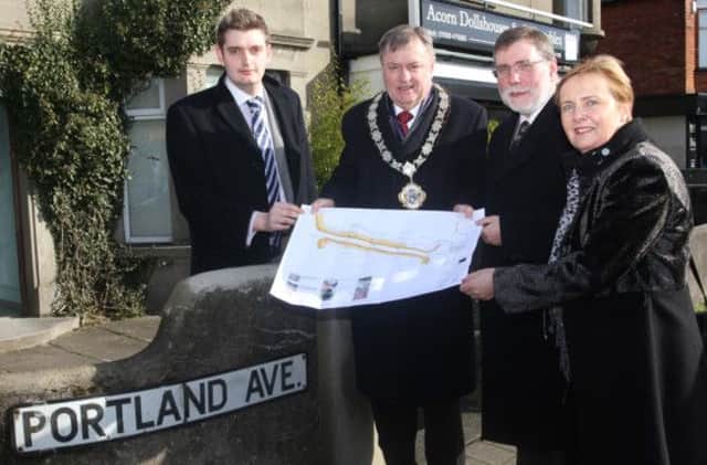 Cllr Phillip Brett, Mayor Fraser Agnew, DSD Minister Nelson McCausland MLA and Jacqui Dixon, chief executive of Newtownabbey Borough Council, check out the plans for Portland Avenue.