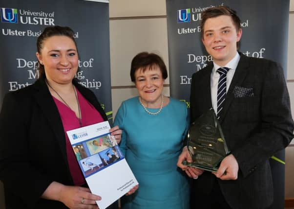 Two students from Ballymena have received top awards from the Ulster Business School. Christopher Shannon (right), former pupil of Cullybackey College, who is currently studying for a BSc (Hons) in Marketing, has been named Best Overall Second Year Student and has been presented with the Hastings Hotels Award for Excellence.  Rachel Giles (left), former pupil at Cambridge House Grammar School and a full-time student on the BSc (Hons) Business Studies course, has won the Chartered Institute of Management Accountants (CIMA) Ireland Achievement of Excellence Award.  The Awards were presented by the Dean of the Ulster Business School, Professor Marie McHugh, at the annual Ulster Business School's Student Awards event organised by the Department of Marketing, Entrepreneurship and Strategy.