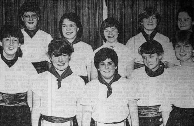 1985 - The irish dancing team of First Ballymena Girls' Brigade. INBT10-765F