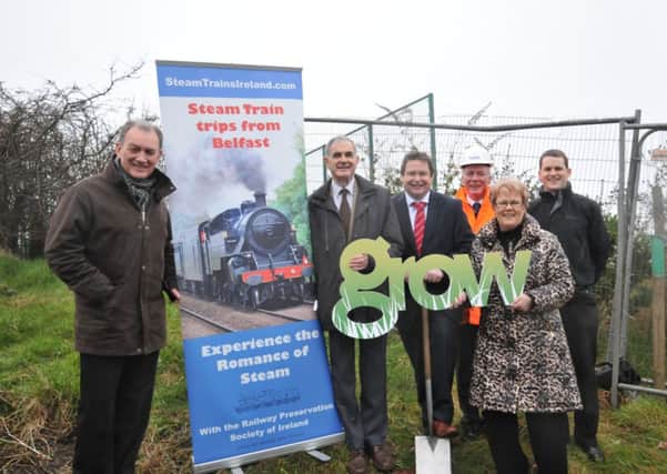Marking the start of a £1m development project at the Railway Preservation Society of Ireland's base at Whitehead are (from left) Colin Robinson, Ostick & Williams, architects; Denis Grimshaw, RPSI chairman; Councillor Mark Cosgrove, Joint Council Committee chair of Generating Rural Opportunities Within (GROW) South Antrim; Pat Cleary, managing director of Cleary Contracting; Vera McWilliam, GROW South Antrim Local Action Group chair, and David Logan from consultants RPS. INCT 11-750-CON