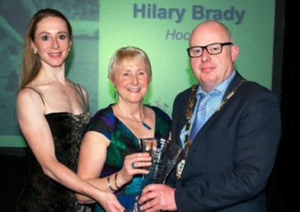 Hall of Fame: Hilary Brady with cyclist Wendy Houvenhagel and Larnes Deputy Mayor, Drew Niblock. Photo: Alan Glover / Maurice Glover
