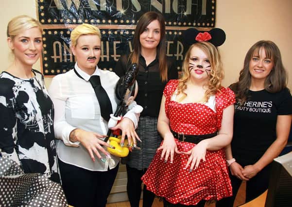 Local business women who attended the Beauty department of the NRC Ballymena to judge the nail event. Included are Alison Jackson, Laura Donnelly and Catherine Hughes photographed with show girls Danielle McCrory and Rebecca Fleet. INBT 10-810H