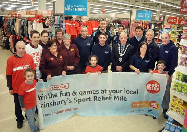 Members of Ballymena Sainsbury, Ballymena Runners Club and Ballymena United who last week launched the Sainsbury's Sport Relief Mile event which co-hosted by the Ballymena United and Ballymena Runners Clubs will feature a 1,3 and 5 mile course and family fun day at the Showgrounds on March 23rd. INBT 09-803H