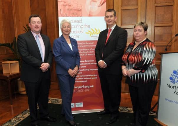At the launch of the Northern Ireland Support Group for the Pancreatic Cancer Research Fund are, Mark Taylor, consultant surgeon, Maggie Blanks, CEO of PCRF,  Health Minister Edwin Poots and Susan Cooke, organiser.