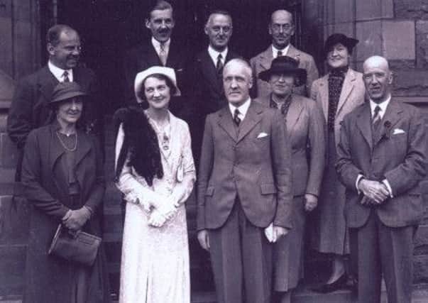 The platform party at the inaugural Flower Show of City of Derry and District Horticultural Soceity, held in teh Guildhall on September 11, 1935. Second from left at the front is the Marchioness of Hamilton, who opened the event and behind her is the Marquis of Hamilton, Patron of the Society. On her left is Captain G E Austin, chairman of the Society. Also pictured are Lady McCorkell, and in the second row is Sir Basil McFarland (High Sheriff) and at the far end Mrs Glover Austin, as well as other dignitaries.