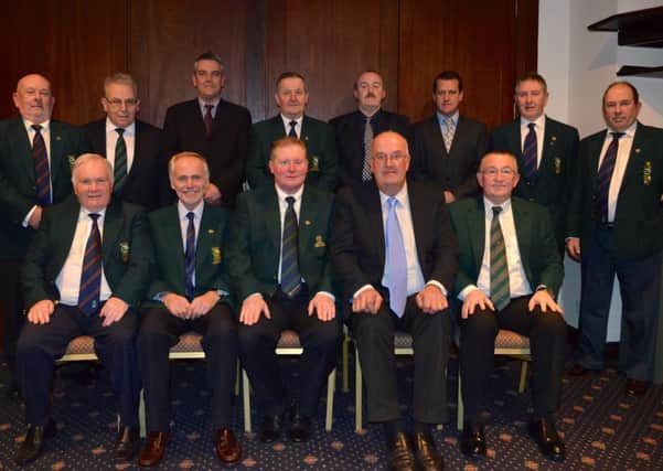 FOYLE GOLF CLUB COUNCIL 2014 . . . . Front row, from left, John J. Logue (Hon. Secretary), Mr Rob Gallagher (President), Mr Chris Lynch (Captain), Peter Fallon (vice Captain) and  Jackie Thomas (Hon Treasurer). Back, from left, Maurice Temple (Membership Secretary), John Louden (Match & Handicap Sec.), Damian McColgan (Junior Convenor), George Fitzpatrick (Ex. Officio), Martin Campbell, Kevin McDaid, Kevin Crumley and Kevin Dunn. Absent from photograph, Sean Rankin.